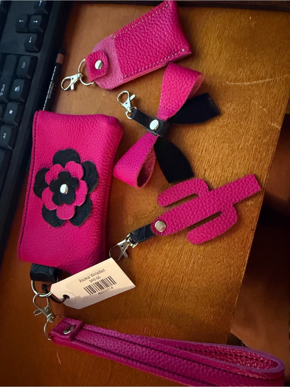 Katelyn leatherworks Hot Pink Leather Wristlet Keychain Set with Floral Accent